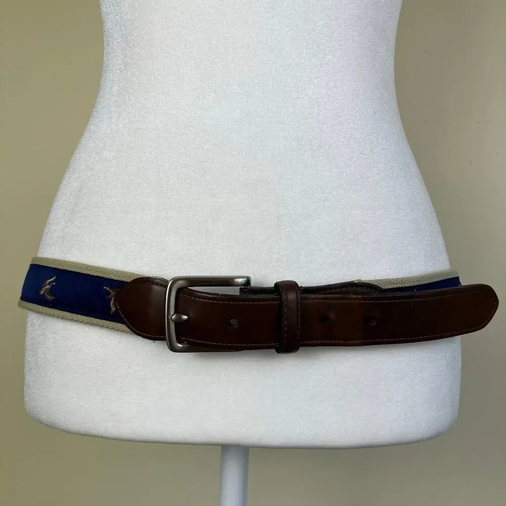 KEH Mens Sz M / 36 Vintage Leather Canvas Belt w Mallard Duck Design Brown Blue